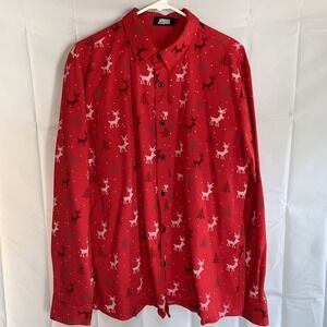 JOGAL Men's Large Christmas Tree Reindeer Party Long Sleeve Button Down Shirt